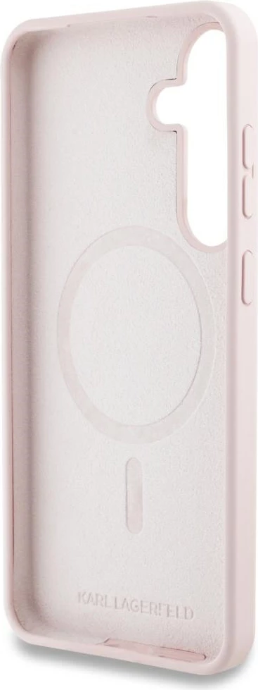 Ovitek za telefon iz silikona z ikoničnim grafitijem in MagSafe za Samsung Galaxy S25, rožnat — Karl Lagerfeld