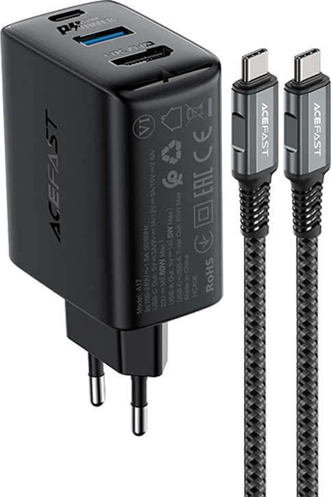 Hiter polnilec 2-v-1 Acefast A17, 65W, GaN, USB-C/USB-A, HDMI 4K, s kablom, črn