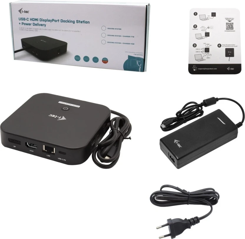 Docking postaja USB-C z dvema zaslonoma HDMI/DP, LAN, avdio, Power Delivery 100 W + univerzalni polnilec 112 W i-tec