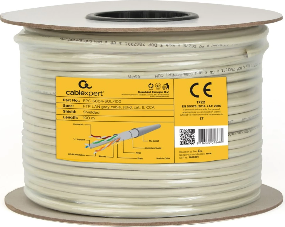 Omrežni kabel Cat6 FTP 100 m, GEMBIRD, sivi