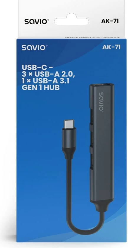 USB-C razdelilec Savio AK-71, 4 vrata (3x USB-A 2.0, 1x USB-A 3.1 Gen 1), siv