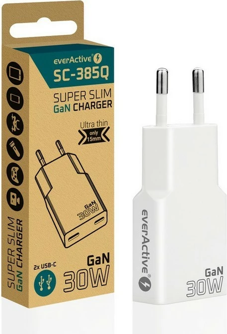 Stenski polnilnik GaN PD 30W, 2x USB-C, super tanek, bel, everActive SC-385Q