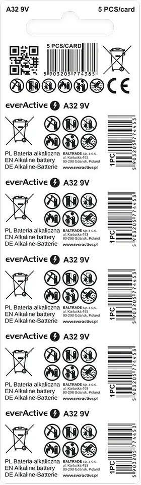 Alkalne baterije everActive A23, 12 V, set 5 kosov