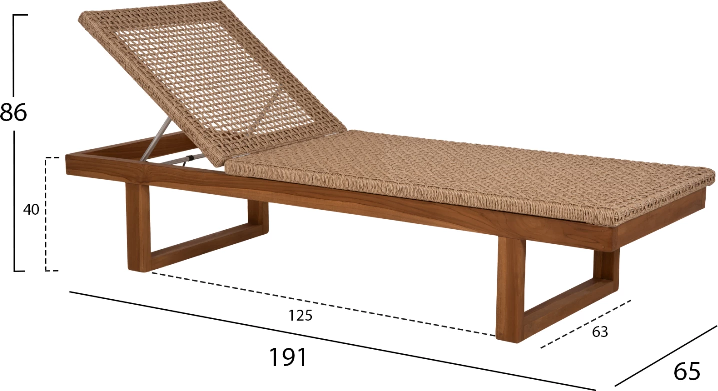 Profesionalni ležalnik PATRON iz tikovine-VIRO vrvica pletena 191x65x86Hcm
