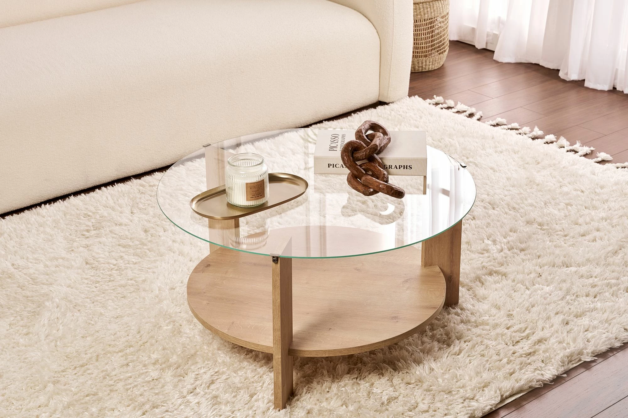 Kavna mizica Nordure Clara, safirni hrast, prozorno steklo