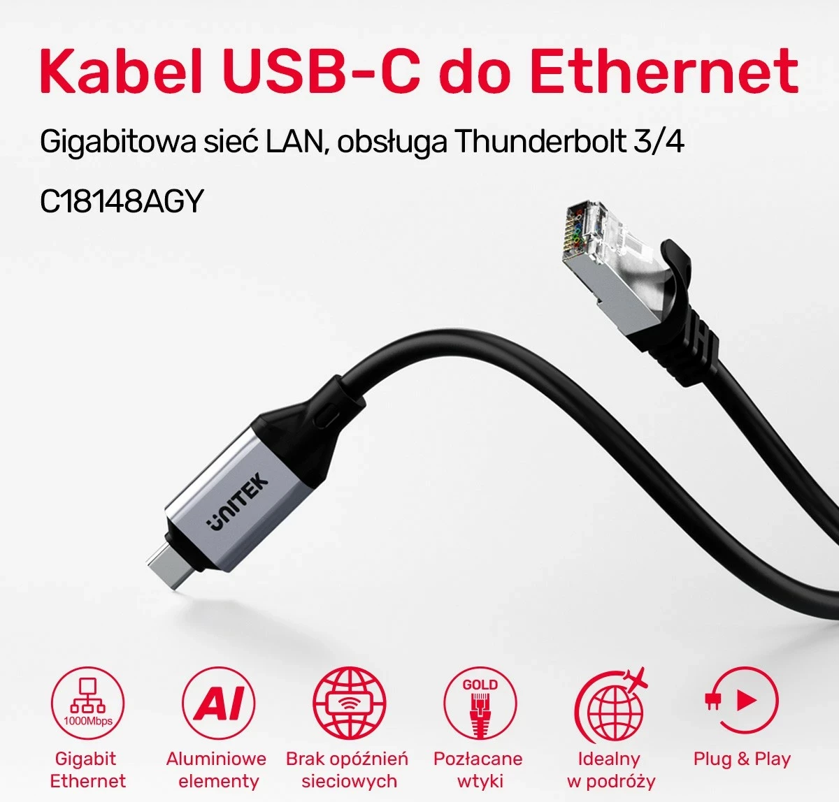 Ethernet kabel USB-C na RJ-45 Unitek, 5 m, črno-srebrn