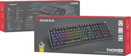 Mehanska tipkovnica Gateron Yellow Pro Genesis Thor 404, RGB, polna velikost, črna