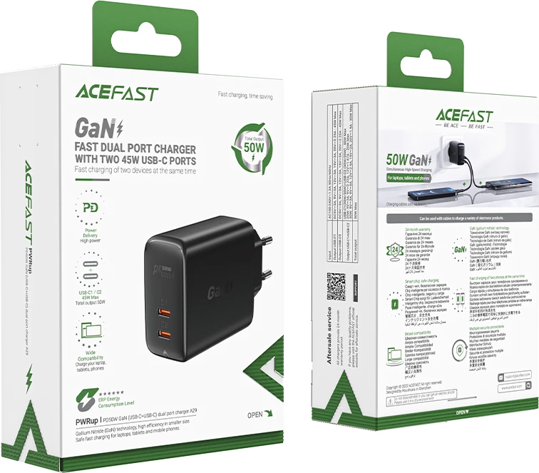 Stenski polnilec Acefast A29, 50 W, 2x USB-C, GaN, črn