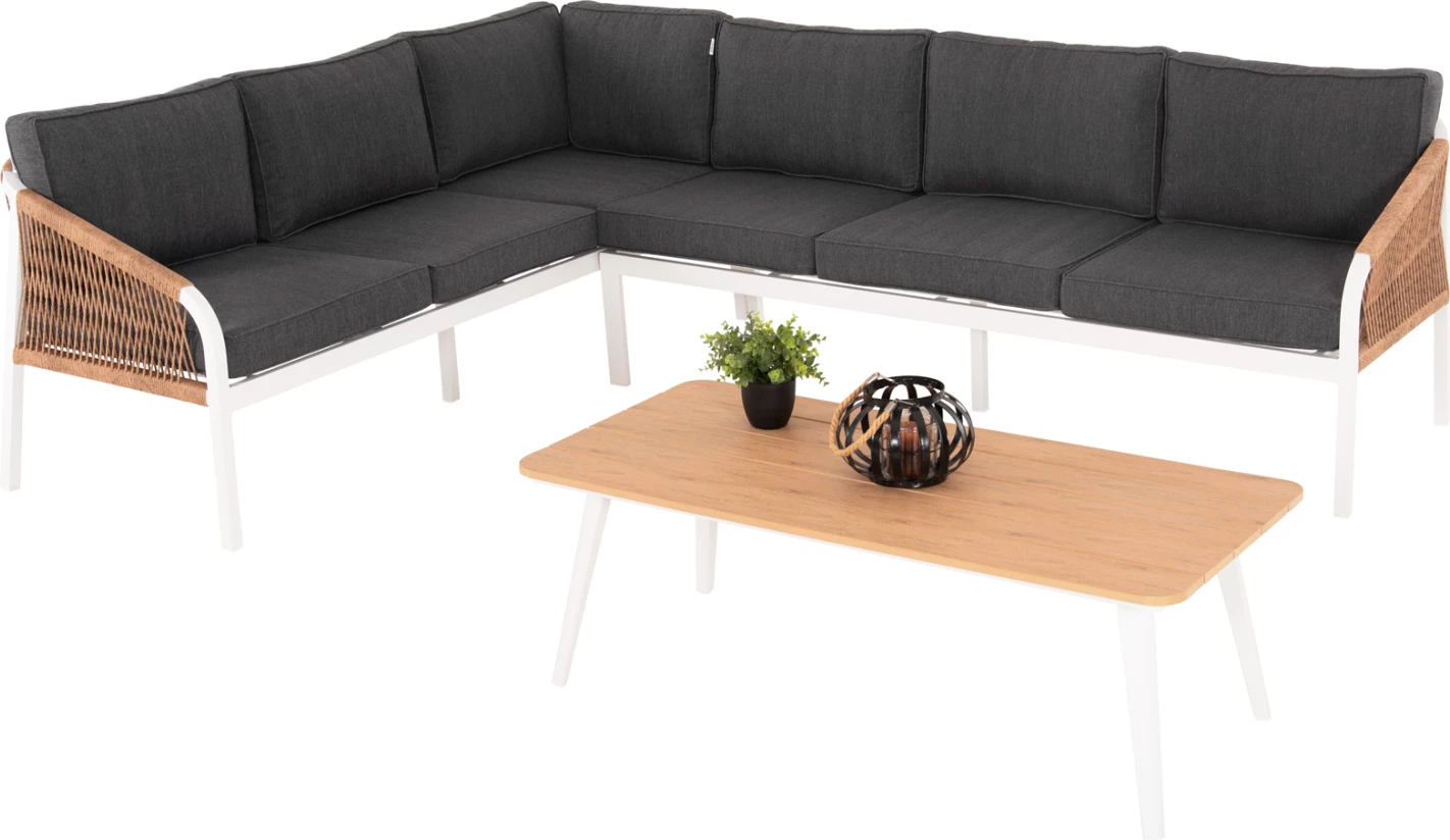 Zunanji kotni lounge set MAERLY FH6140.01 iz belega aluminija z antracitnimi blazinami in bež sintetično vrvjo