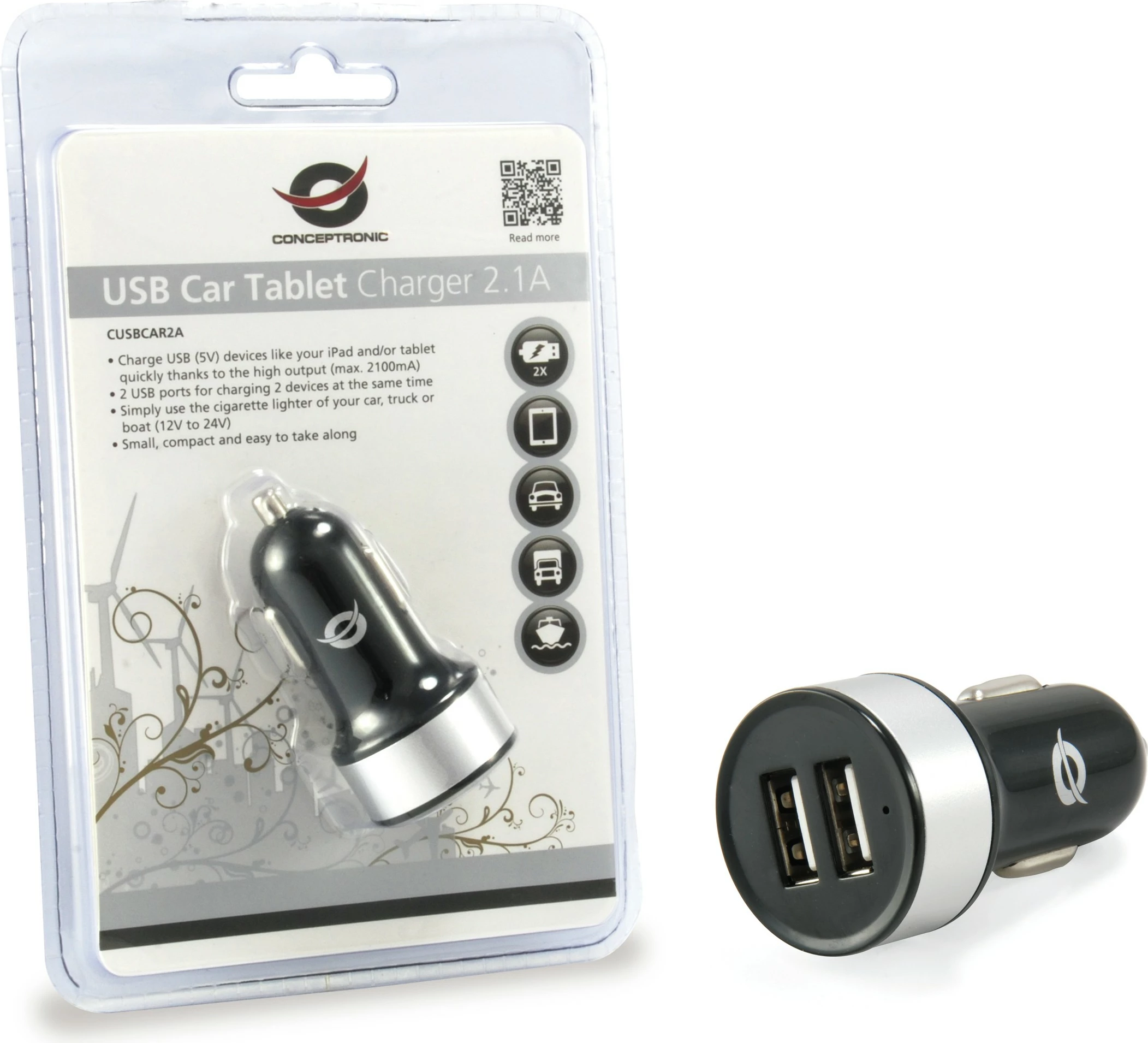 Avtomobilski polnilec Conceptronic KFZ-Ladegerät, 2x USB-A, 10,5 W, črn