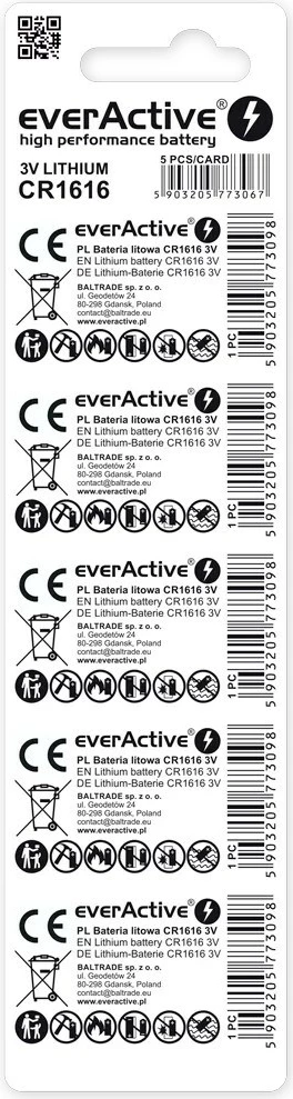 Litijeva gumbasta baterija CR1616, 3V, set 5 kos, everActive
