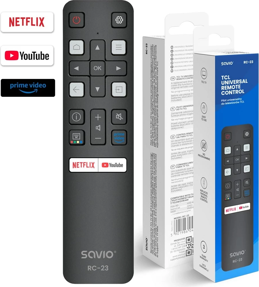 Univerzalni daljinski upravljalnik SAVIO RC-23 za TCL, črn