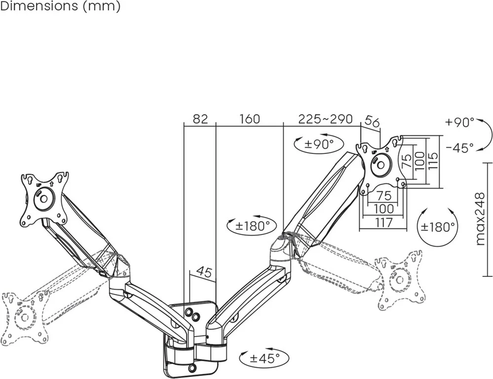 Stenski nosilec za dva monitorja, 17-32'', Maclean MC-988, mehanska vzmet, črn