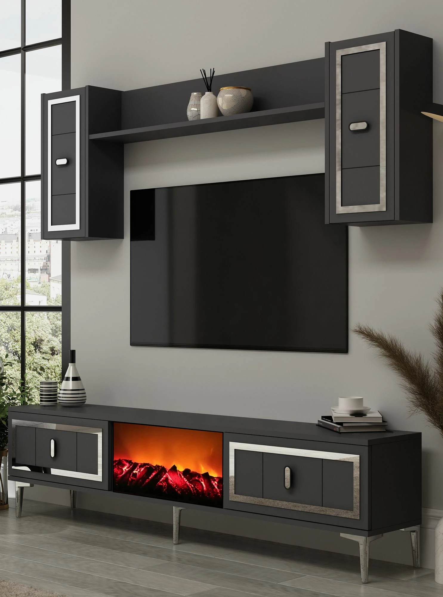 TV komoda z ognjiščem Orion, Skye Decor, antracit in srebrna