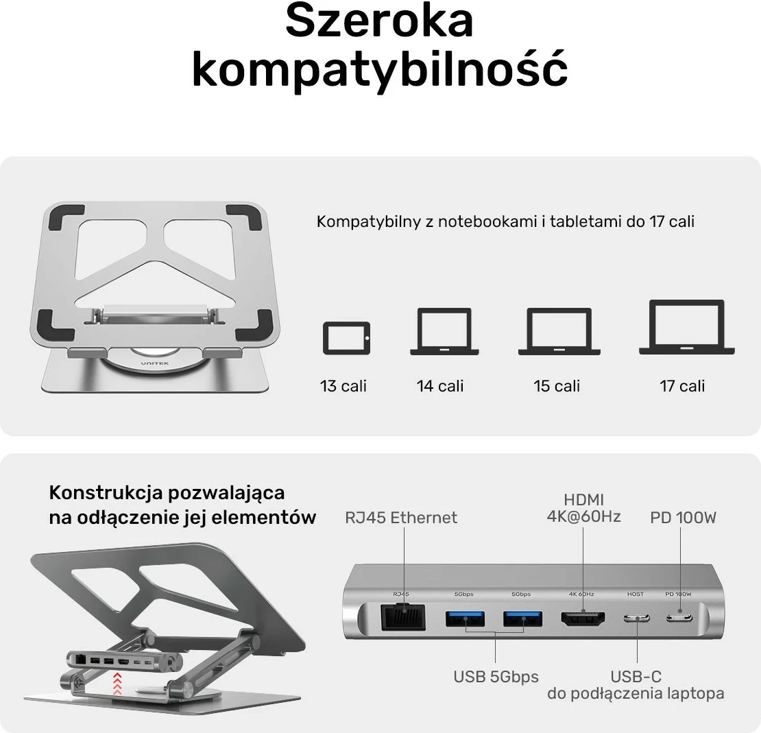 Stojalo za prenosnik Unitek USB-C HDMI 4K PD 100W, srebrno