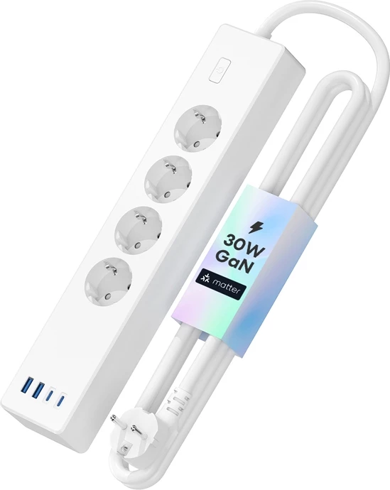 Pametni podaljšek z 4 AC izhodi + 2x USB‑A + 2x USB‑C, Matter, Wi‑Fi, PD 30W QC 3.0, 16A 3680W — Meross MSP844SMA-EU