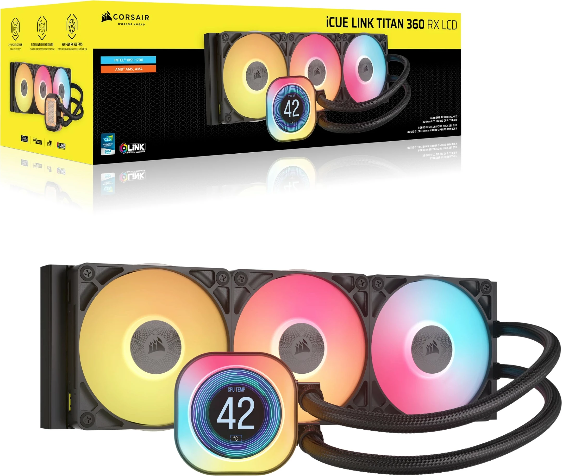 Hladilnik procesorja Corsair iCUE LINK TITAN 360 RX LCD, 3x12 cm, RGB, črn