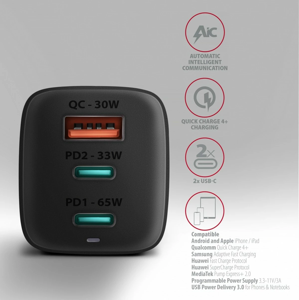 GaN polnilec AXAGON ACU-DPQ65, 65W, 3 vhodi (USB-A + 2× USB-C), črn