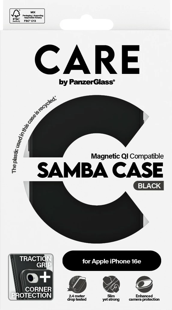 Zaščitni ovitek PanzerGlass CARE Case Samba z MagSafe, črn, za iPhone 16e