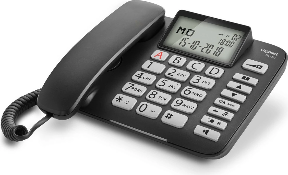 Analogni telefon z žičnimi slušalkami in zvočnikom Gigaset DL580, 99 imen, ID klica, črn