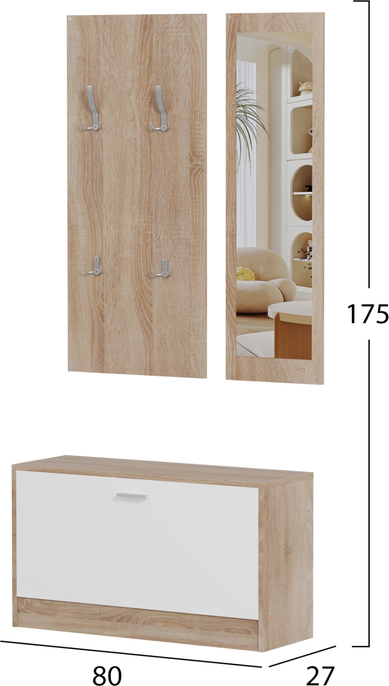 Komplet za predsobo z ogledalom VERN FH2476.04 melamin v sonoma-beli 80x27x175H cm