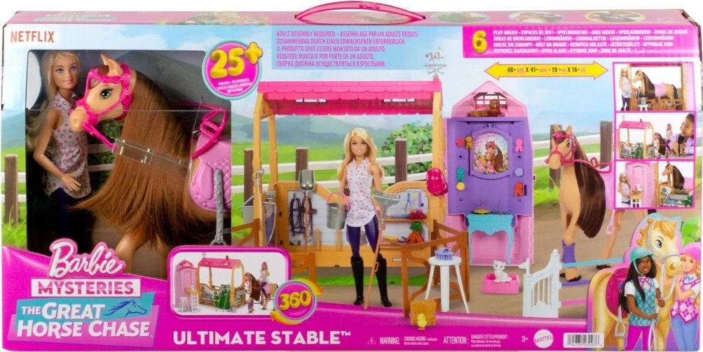 Set za konje in hlev Barbie Mattel HXJ44, z konjem in 25 dodatki, za deklice