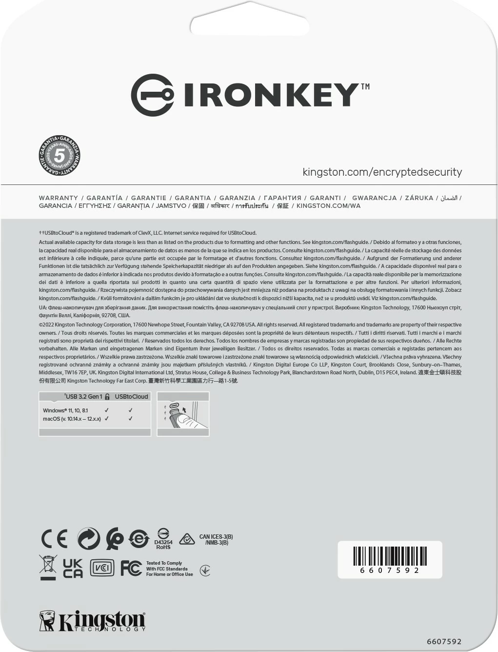 USB ključek za shranjevanje z varnostjo Kingston IronKey Locker+ 50, 64 GB, USB 3.2, šifriranje, srebrn