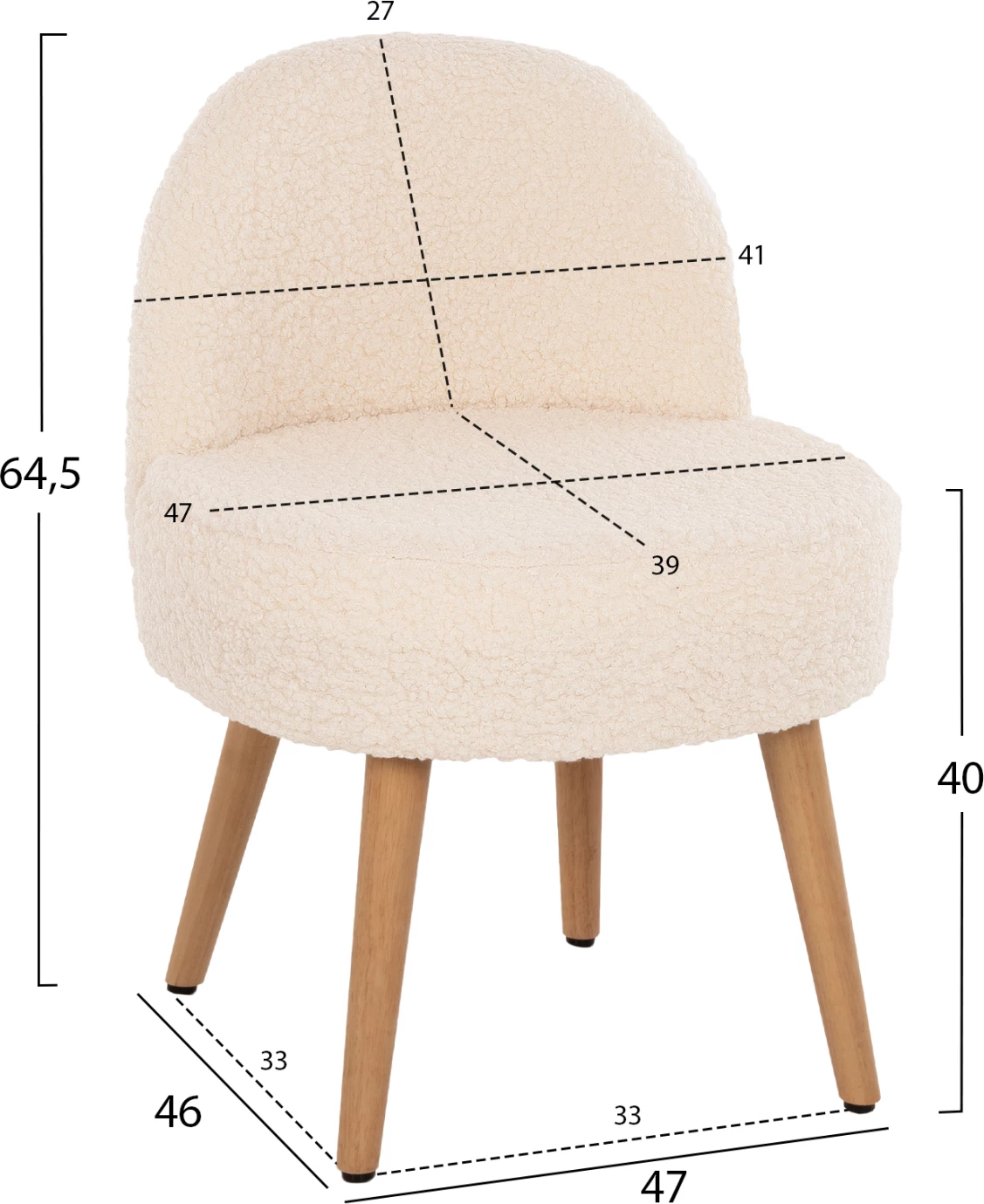 Stol YASMINE FH8395.23 nizek naslon - tkanina boucle v beli barvi - lesene noge 47x46x64,5H cm