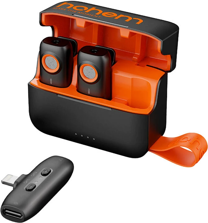 Brezžični mikrofon HOHEM MIC-01, 2 oddajnika, 1 sprejemnik in polnilna škatla, črno/oranžen