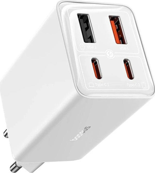Polnilnik 65W, 2×USB-C + 2×USB, bel — Baseus GaN6 Pro