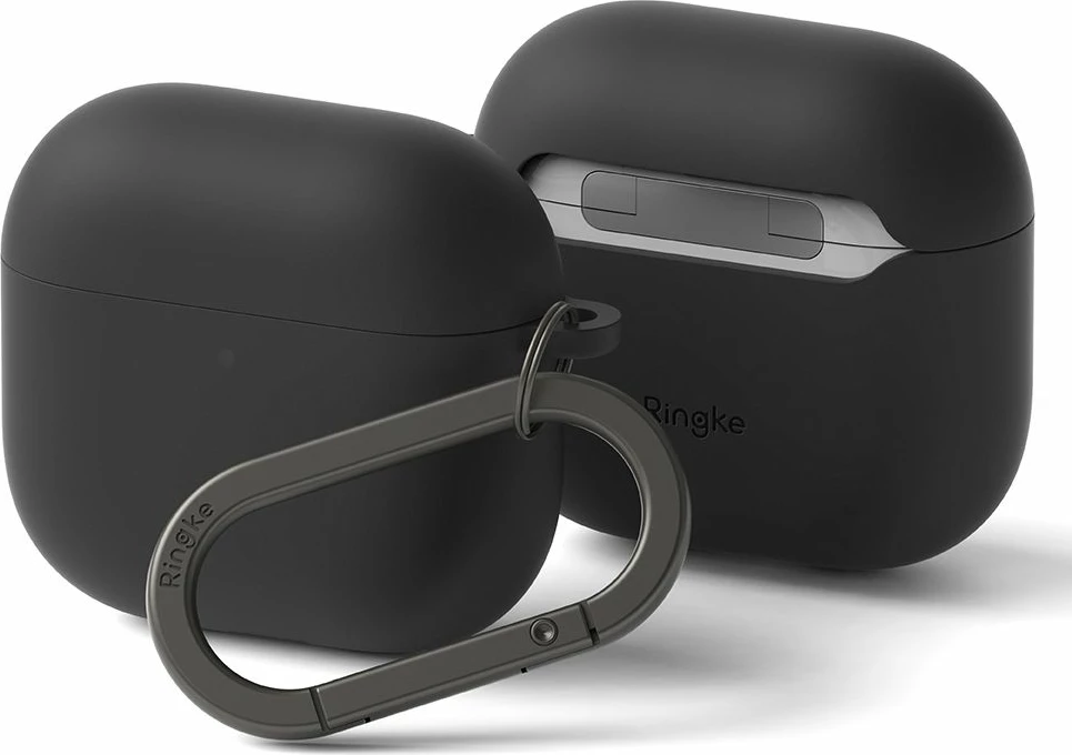 Silikonska zaščita Ringke za Apple AirPods 4, črna, s karabinom