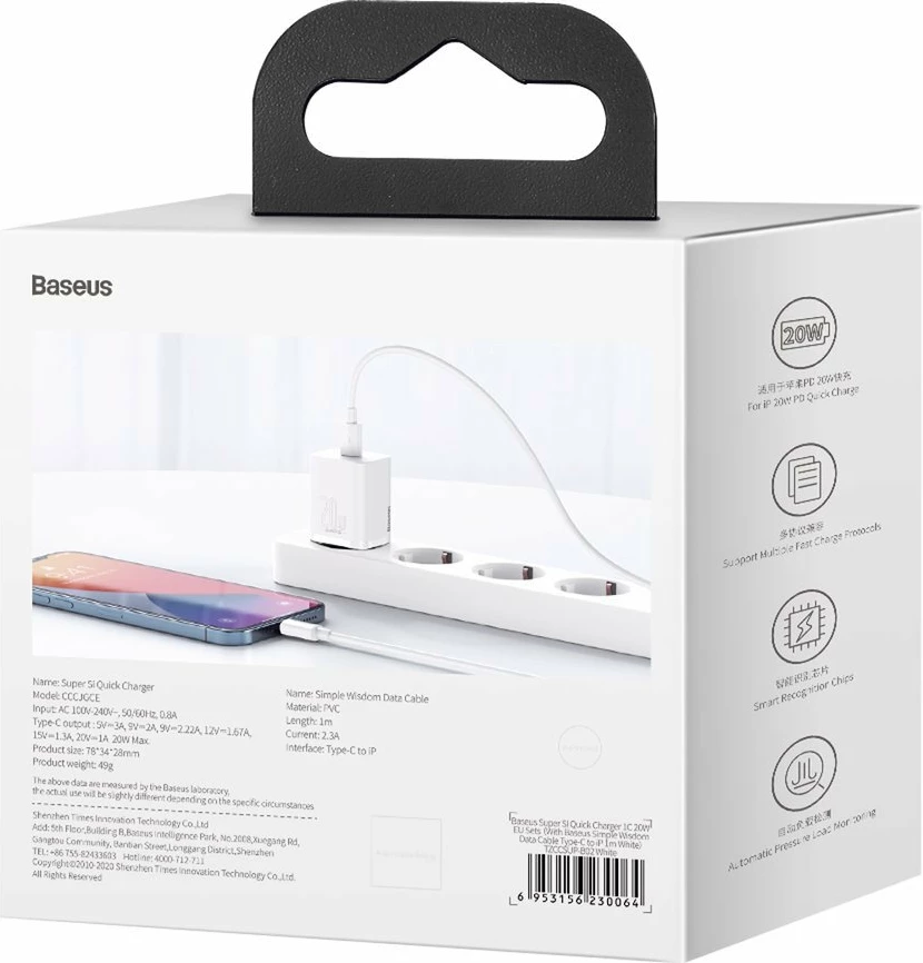 Hitri polnilec Baseus Super Si 1C, 20W, USB-C na Lightning 1 m, bel