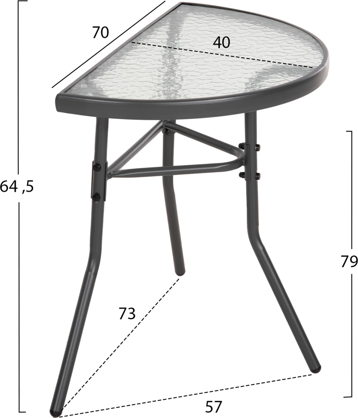 Polkrožna miza LIMA FH5967.01 kovinska v sivi barvi s stekleno ploščo 70x40x64,5H cm