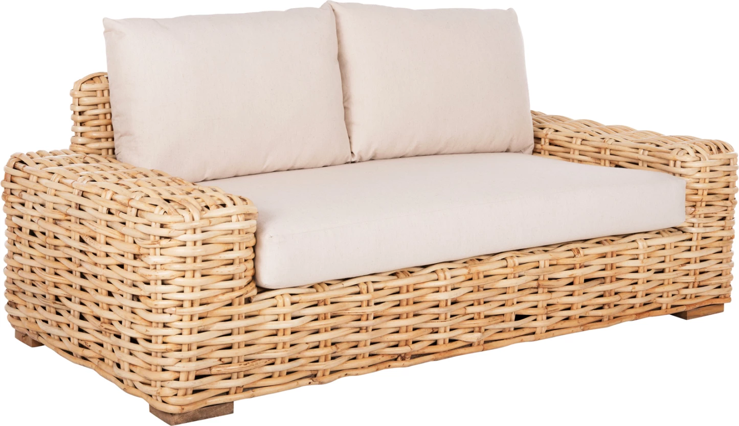Zunanja dvosedna sedežna garnitura TROPEL FH9809 iz mangovega lesa in naravnega ratana z belimi blazinami 192x88x70-85H cm