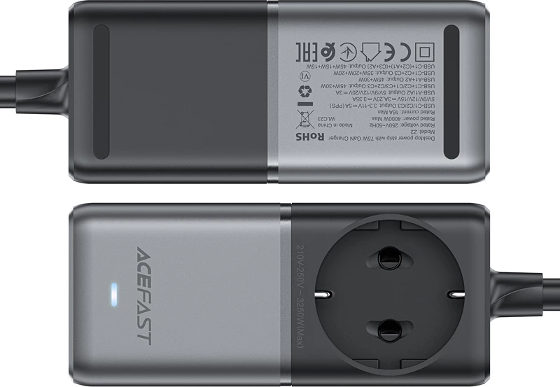 Namizni polnilec Acefast Z2 GaN, 75W, 3x USB-C, 2x USB-A, črn/siv