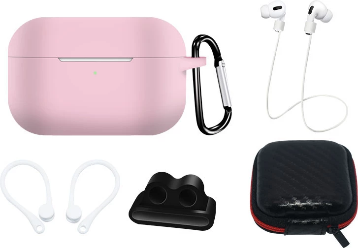 Set silikonskih ovitkov in dodatkov za AirPods Pro 2/1 Hurtel, z karabinom, vrvico za okoli vratu, nosilcem za uro, roza