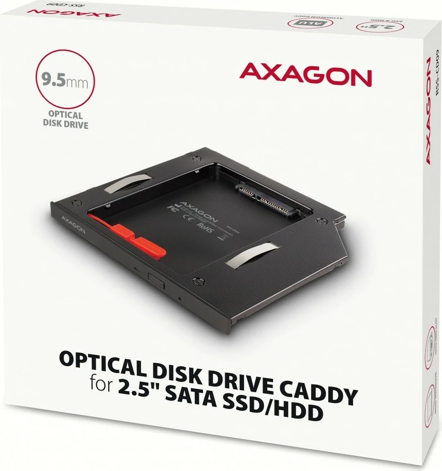 Računalniško ohišje za SSD/HDD 2,5" za ležišče DVD 9,5 mm, alumin, črno — AXAGON RSS-CD09