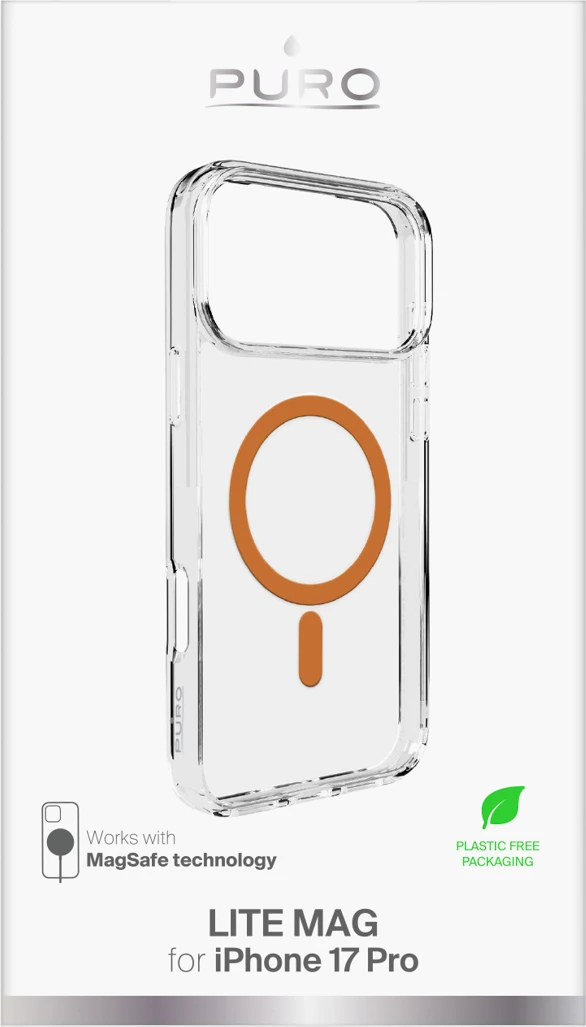 Prozoren ovitek z oranžnim obročem, združljiv z MagSafe, Puro Lite Mag za iPhone 17 Pro