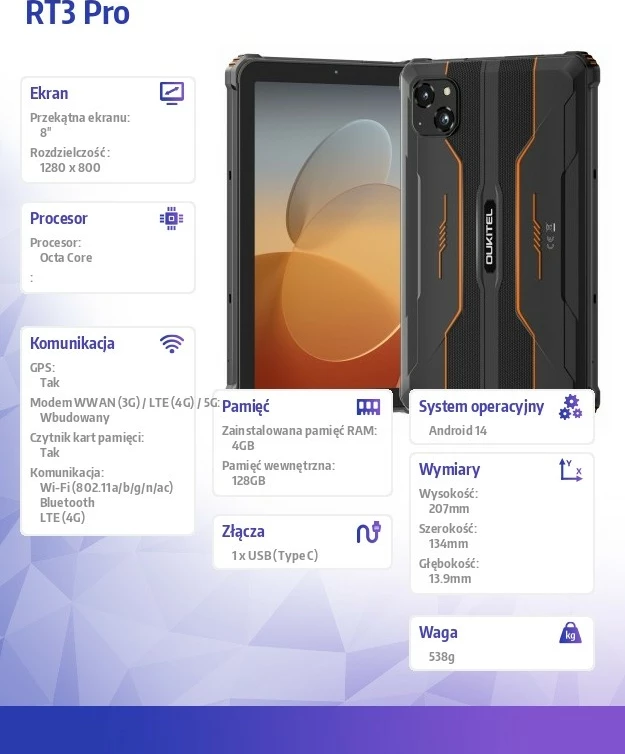 Robusten 8" tablični računalnik, 4 GB RAM, 128 GB, 4G, oranžen OUKITEL RT3 Pro