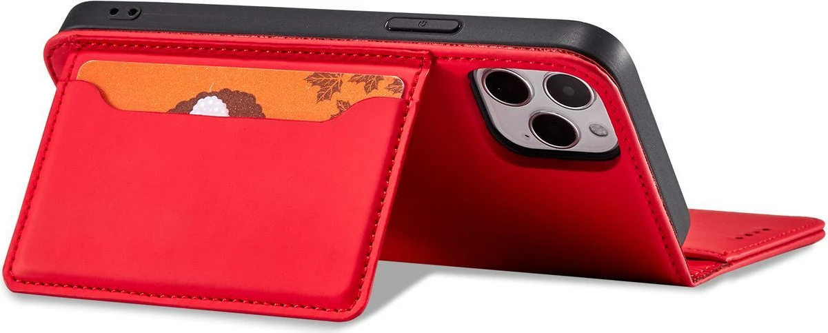 Ovitek za telefon z magnetnim zapiranjem, držalom in denarnico, Hurtel iPhone 12 Pro, rdeč