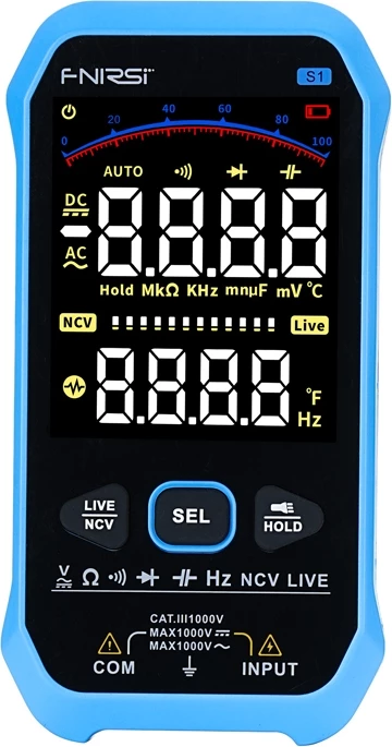 Multimeter FNIRSI S1, True RMS, barven VA-zaslon, samodejno območje, NCV, USB-C, polnilna baterija 1000 mAh, CAT III 1000 V, črno/moder