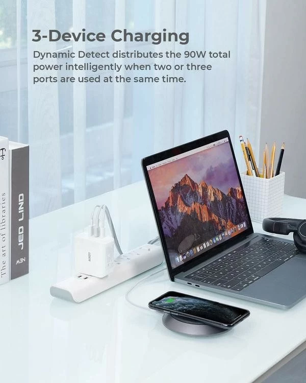 Stenski polnilec 90 W, 3x USB (2x USB-C + 1x USB-A), bel AUKEY PA-B6S Omnia Mix