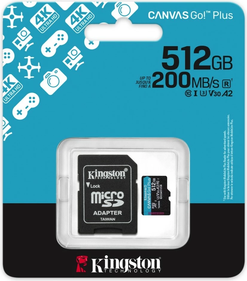 MicroSD pomnilniška kartica 512 GB Kingston Canvas Go! Plus z SD adapterjem