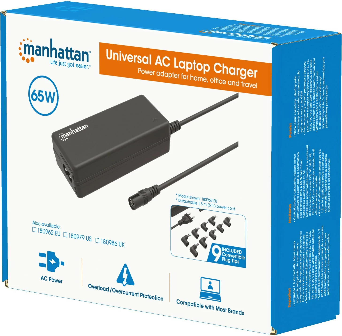 Adapter za prenosnik 65 W, 9 nastavkov, črn MANHATTAN