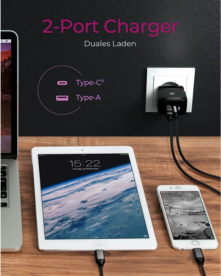 Stenski polnilec, ICY BOX IB-PS106-PD, 2 vrata, USB Power Delivery, 38W, črn