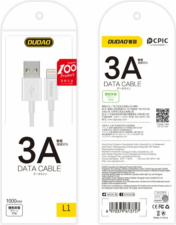 Kabel USB v Lightning Dudao L1L, 1 m, 3A, bel