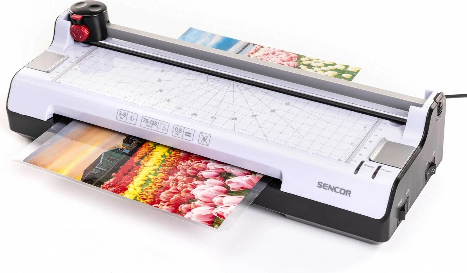 Kompakten laminator 2‑v‑1 Sencor SLA 230 A4, folija 2x75–2x125 µm, vroče/hladno, z giljotino, grafitno/bel