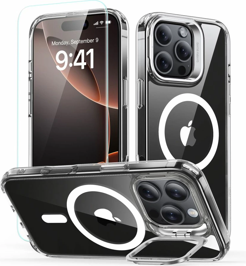 Prozoren ovitek ESR Classic Hybrid Kickstand HaloLock MagSafe s kaljenim steklom za iPhone 16 Pro, komplet