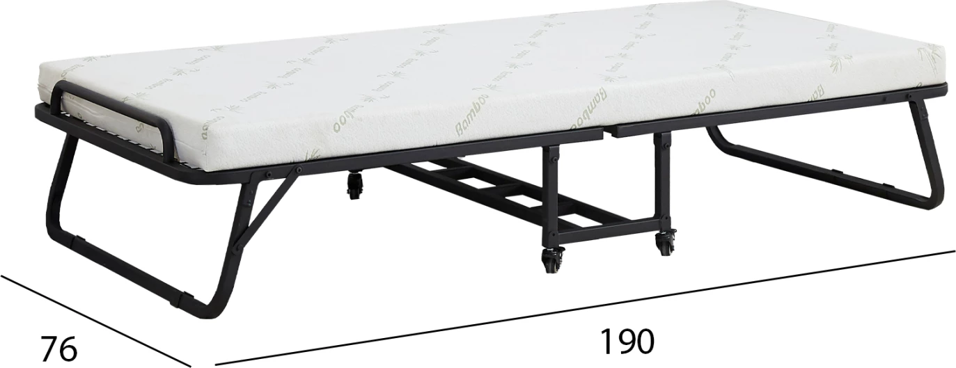 Zložljiva prenosna postelja s podlogo, NETTI FH691.01, kovinska, mat črna, 190x76x30 cm