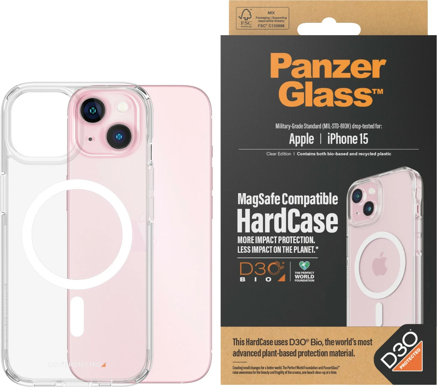 Prozoren ovitek PanzerGlass za Apple iPhone 15, MagSafe, D3O